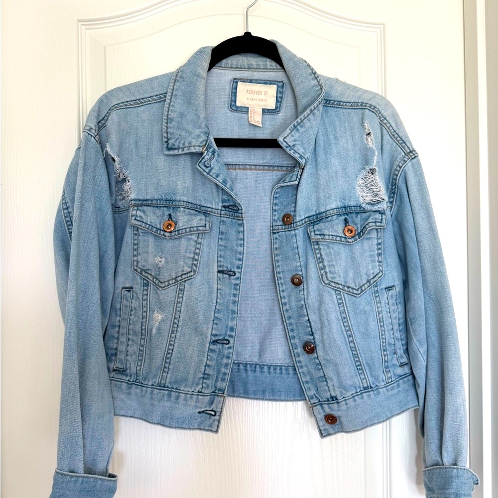 Forever 21 Light Blue Distressed Jean Jacket
